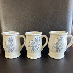 Yorktowne by PFALTZGRAFF "Blue Tulip" Footed-Pedestal-Mug Set 3 Stoneware USA